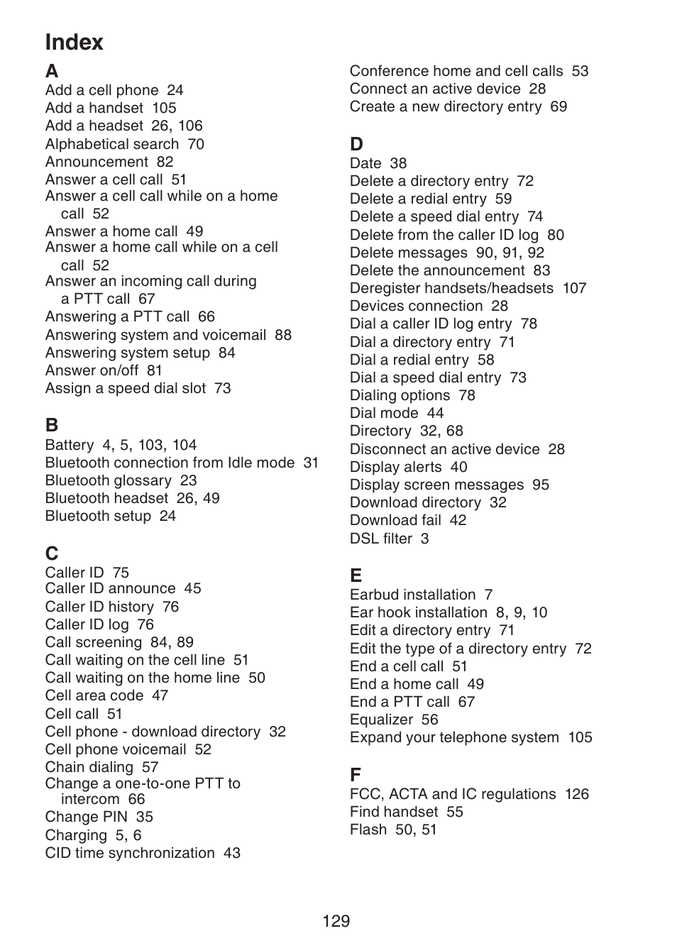 Index | VTech DS6472-6 Manual User Manual | Page 134 / 137