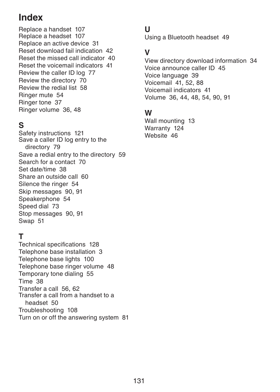 Index | VTech DS6472-6 Manual User Manual | Page 136 / 137