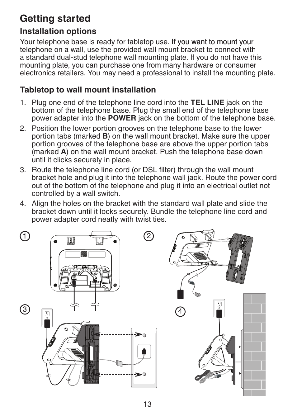 Installation options, Tabletop to wall mount installation, Tabletop to wall mount | Installation, Getting started | VTech DS6472-6 Manual User Manual | Page 18 / 137