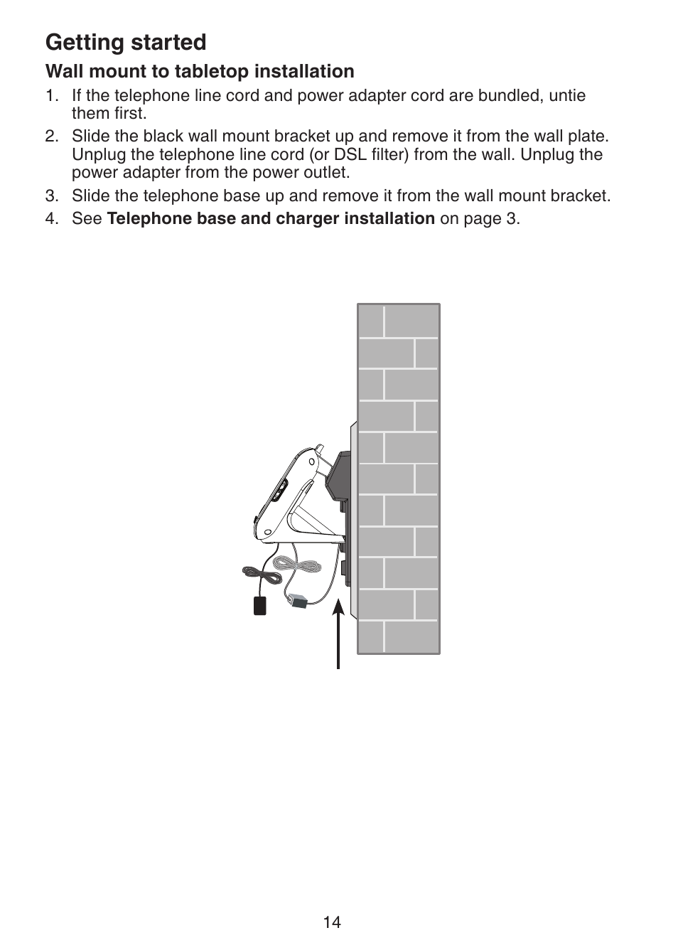 Wall mount to tabletop installation, Wall mount to tabletop, Installation | Getting started | VTech DS6472-6 Manual User Manual | Page 19 / 137