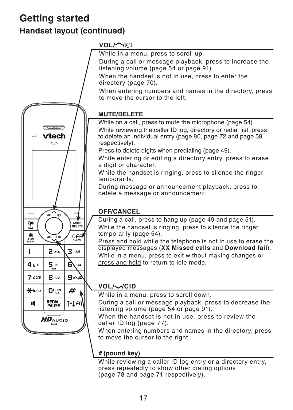 Getting started, Handset layout (continued) | VTech DS6472-6 Manual User Manual | Page 22 / 137