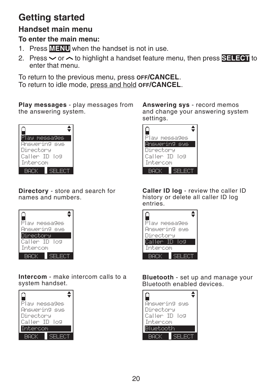 Handset main menu, Getting started, Cancel . to return to idle mode, press and hold | Cancel . 1. 2 | VTech DS6472-6 Manual User Manual | Page 25 / 137