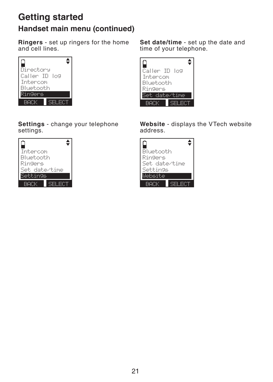 Getting started, Handset main menu (continued) | VTech DS6472-6 Manual User Manual | Page 26 / 137