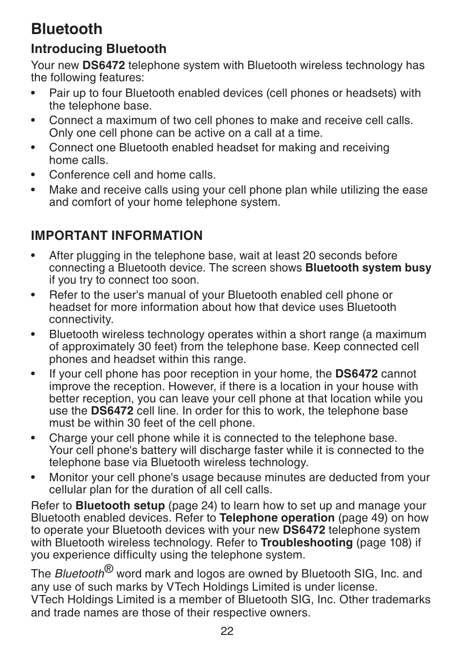 Bluetooth, Introducing bluetooth | VTech DS6472-6 Manual User Manual | Page 27 / 137