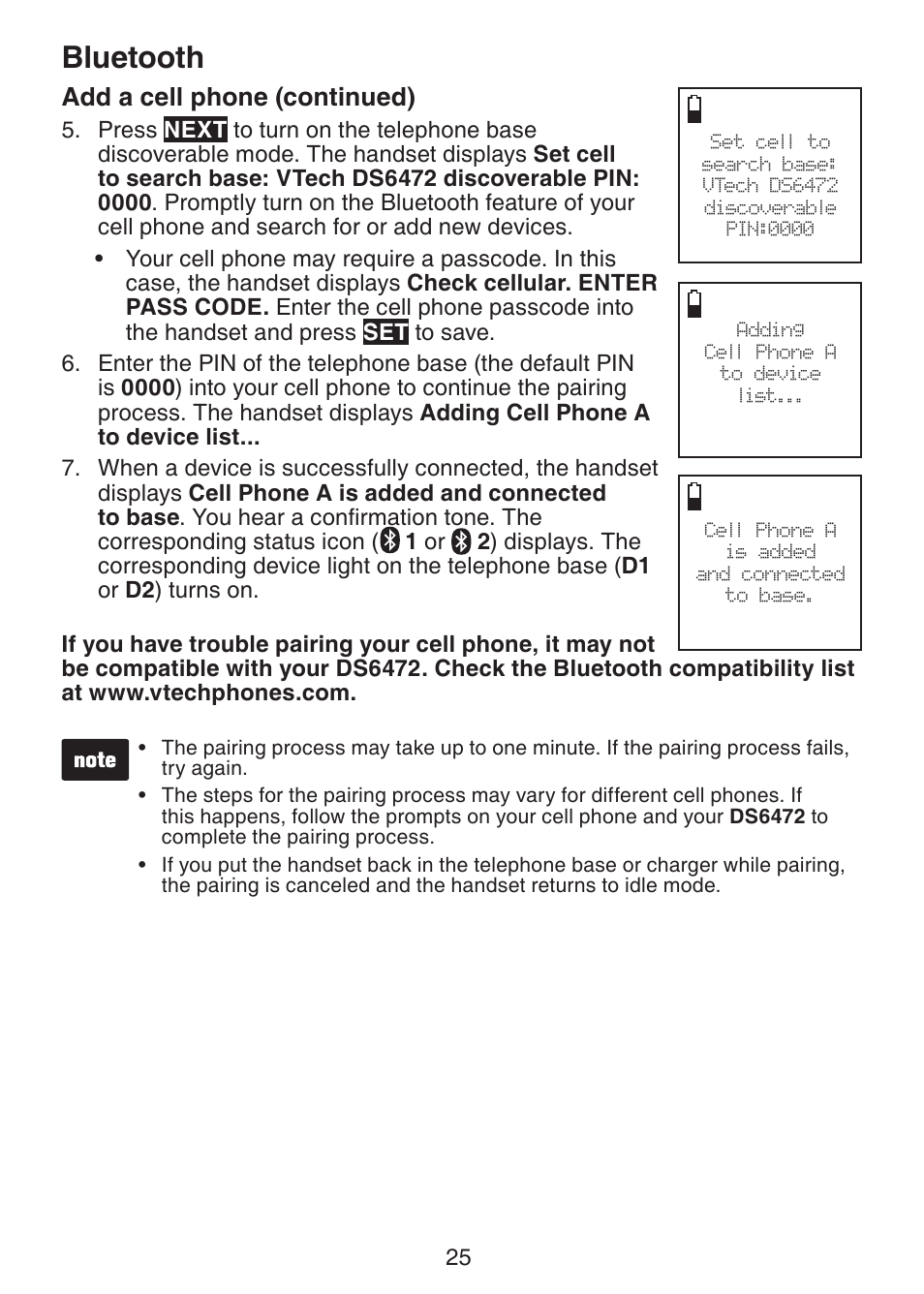 Bluetooth, Add a cell phone (continued) | VTech DS6472-6 Manual User Manual | Page 30 / 137