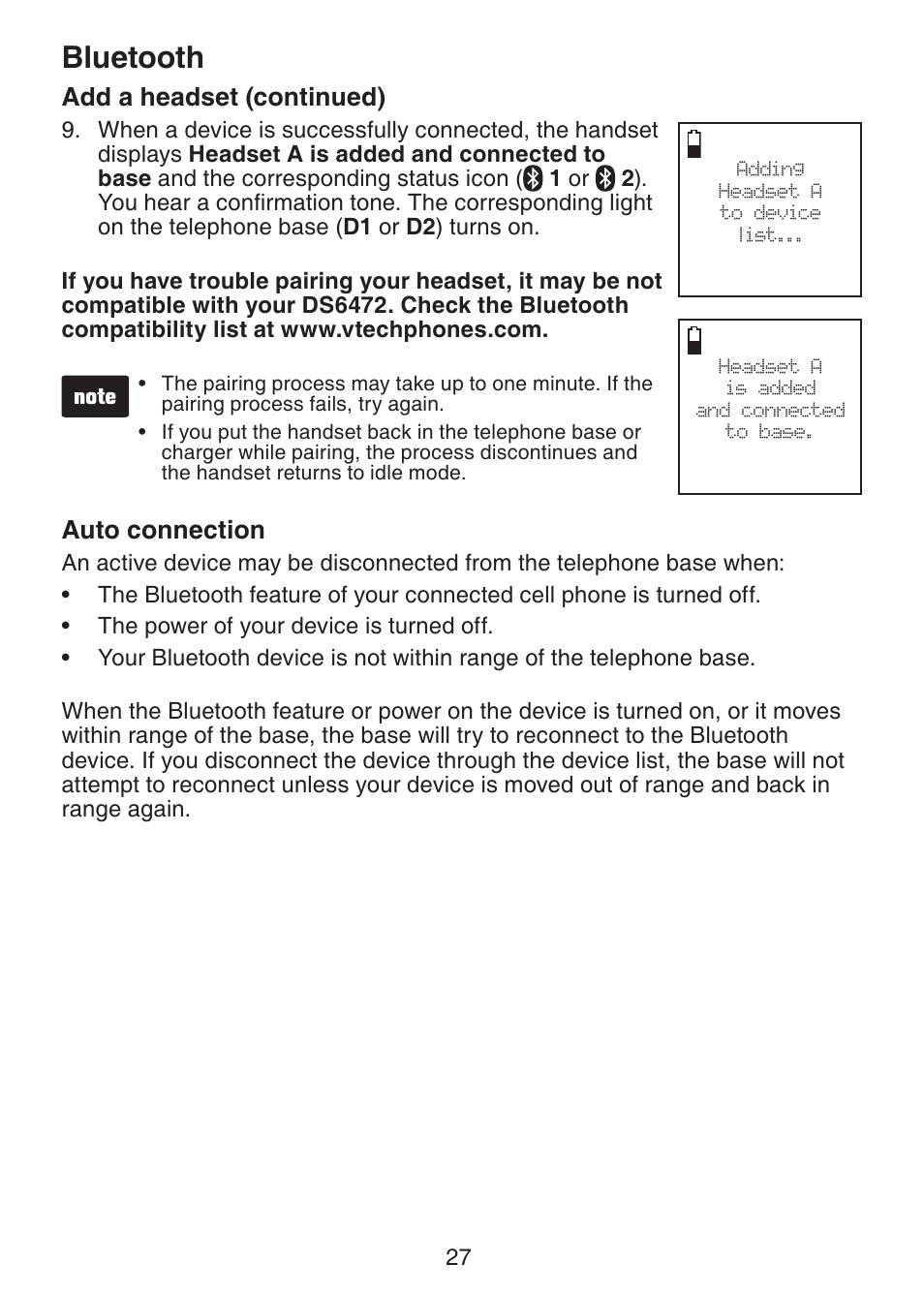 Auto connection, Bluetooth, Add a headset (continued) | VTech DS6472-6 Manual User Manual | Page 32 / 137