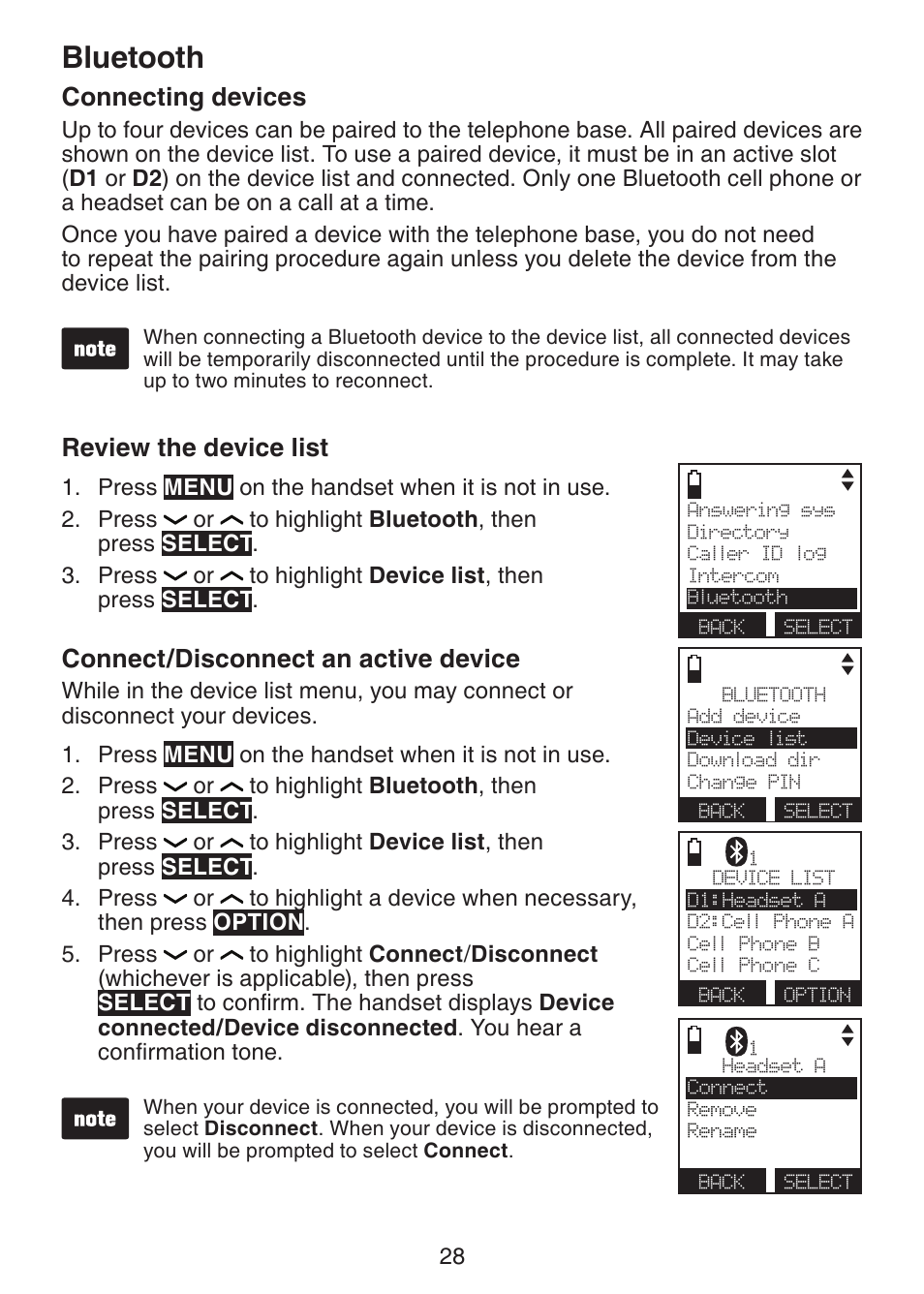 Connecting devices, Review the device list, Connect/disconnect an active device | Connect/disconnect an active, Device, Bluetooth | VTech DS6472-6 Manual User Manual | Page 33 / 137