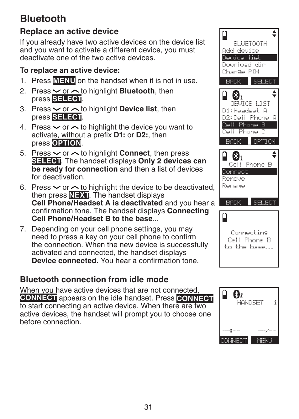 Replace an active device, Bluetooth connection from idle mode, Bluetooth connection from idle | Mode, Bluetooth | VTech DS6472-6 Manual User Manual | Page 36 / 137