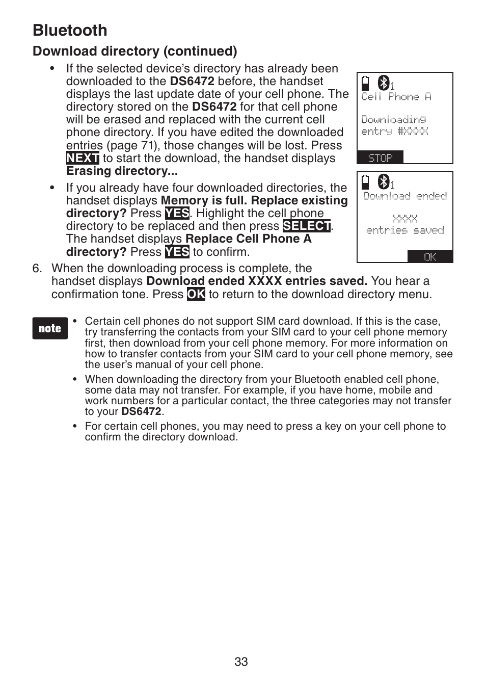 Bluetooth, Download directory (continued) | VTech DS6472-6 Manual User Manual | Page 38 / 137