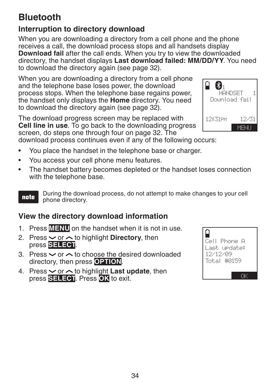 Interruption to directory download, View the directory download information, Interruption to directory | Download, View the directory download, Information, Bluetooth | VTech DS6472-6 Manual User Manual | Page 39 / 137