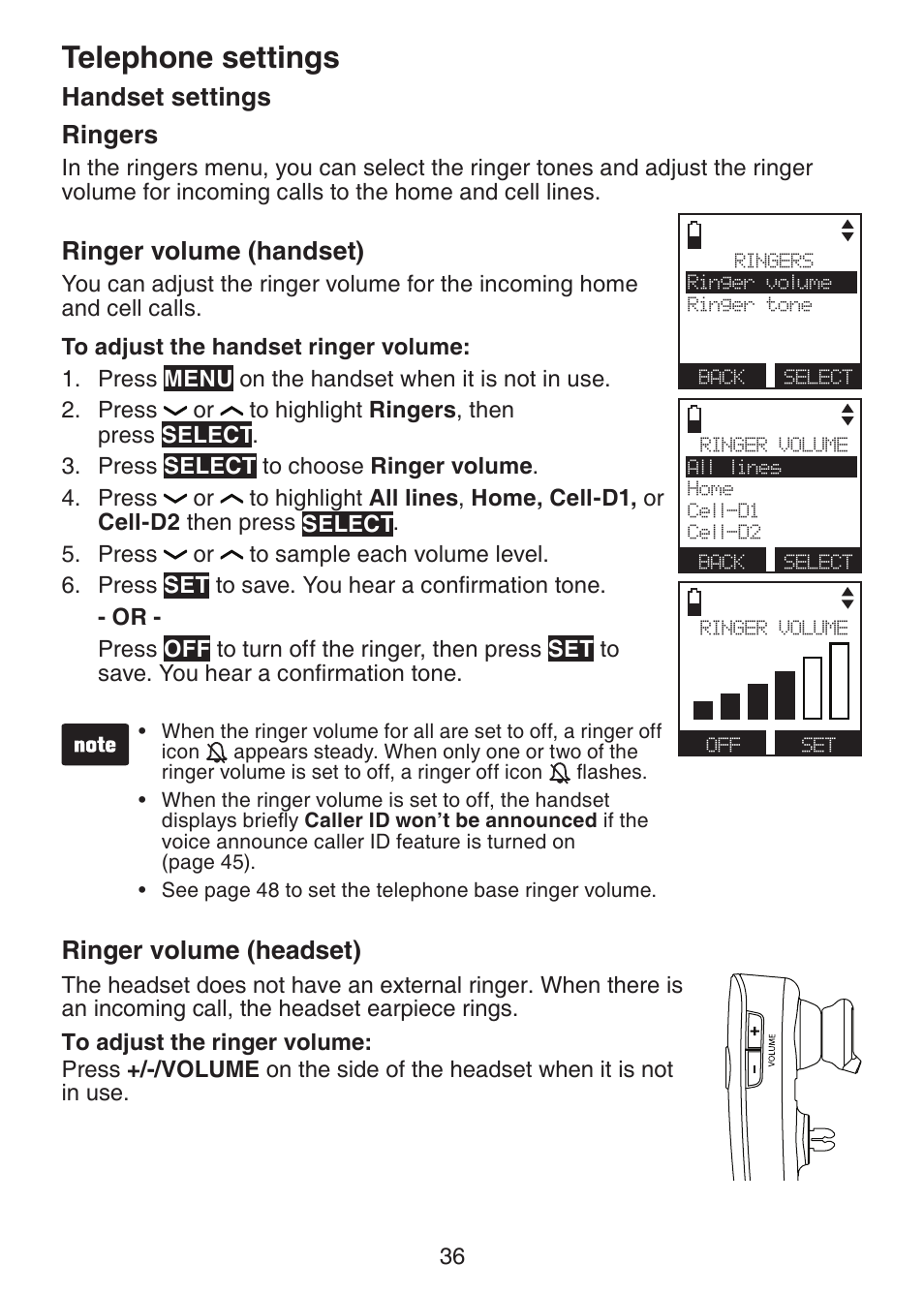 Telephone settings, Handset settings, Ringers | Ringer volume, Ringer volume (headset), Telephone settings handset settings, Handset settings ringers, Ringer volume (handset) | VTech DS6472-6 Manual User Manual | Page 41 / 137