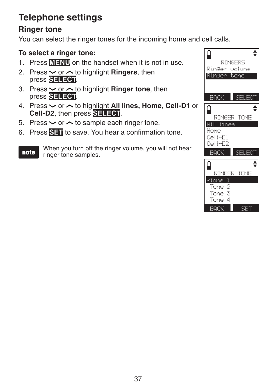 Ringer tone, Telephone settings | VTech DS6472-6 Manual User Manual | Page 42 / 137