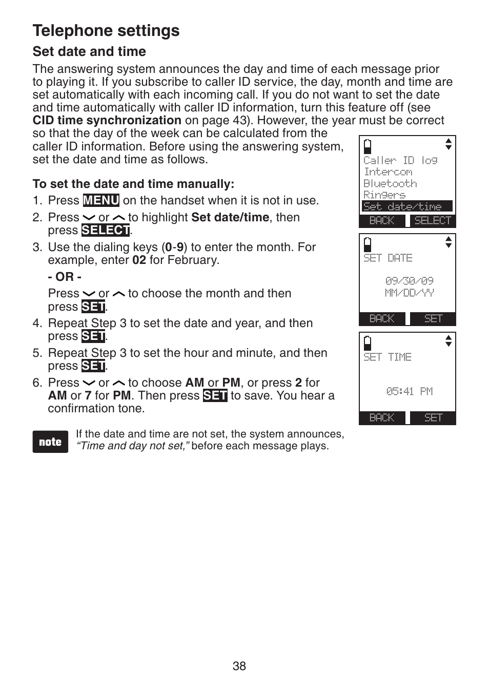 Set date and time, Telephone settings | VTech DS6472-6 Manual User Manual | Page 43 / 137