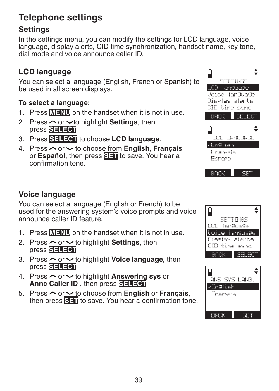 Settings, Lcd language, Voice language | Telephone settings | VTech DS6472-6 Manual User Manual | Page 44 / 137