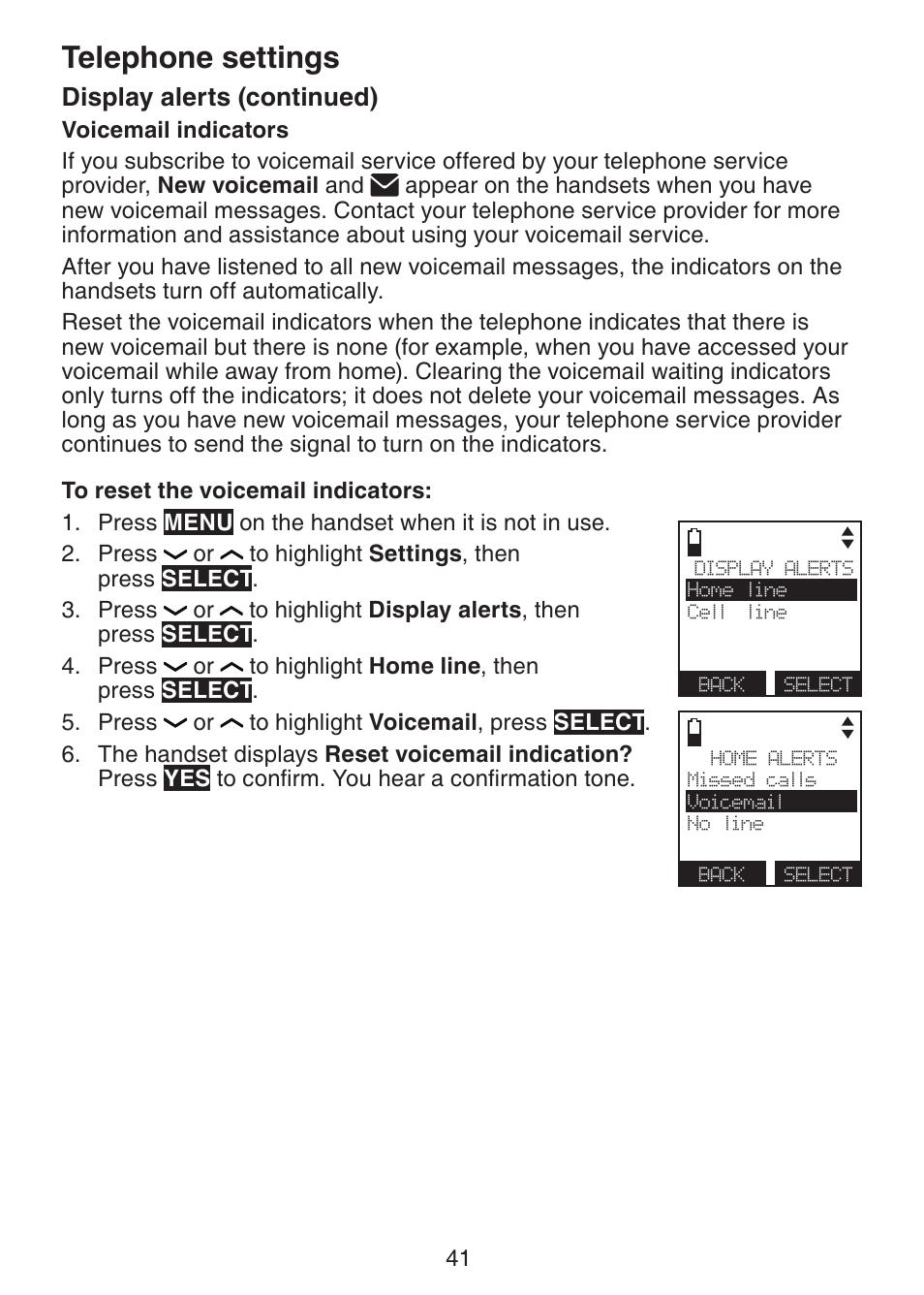 Telephone settings, Display alerts (continued) | VTech DS6472-6 Manual User Manual | Page 46 / 137