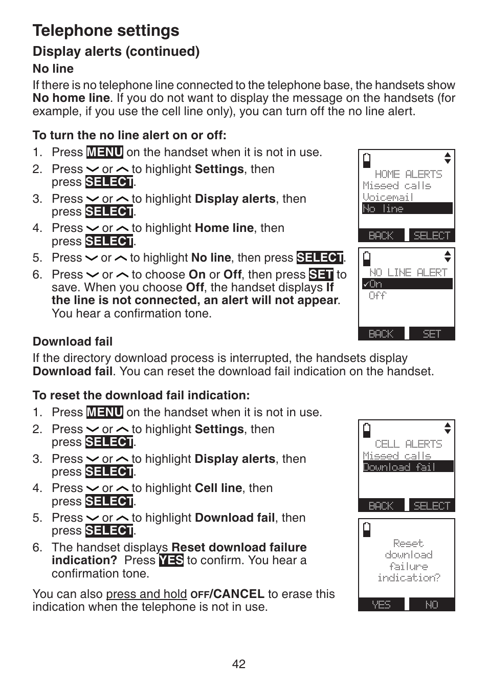 Telephone settings, Display alerts (continued) | VTech DS6472-6 Manual User Manual | Page 47 / 137