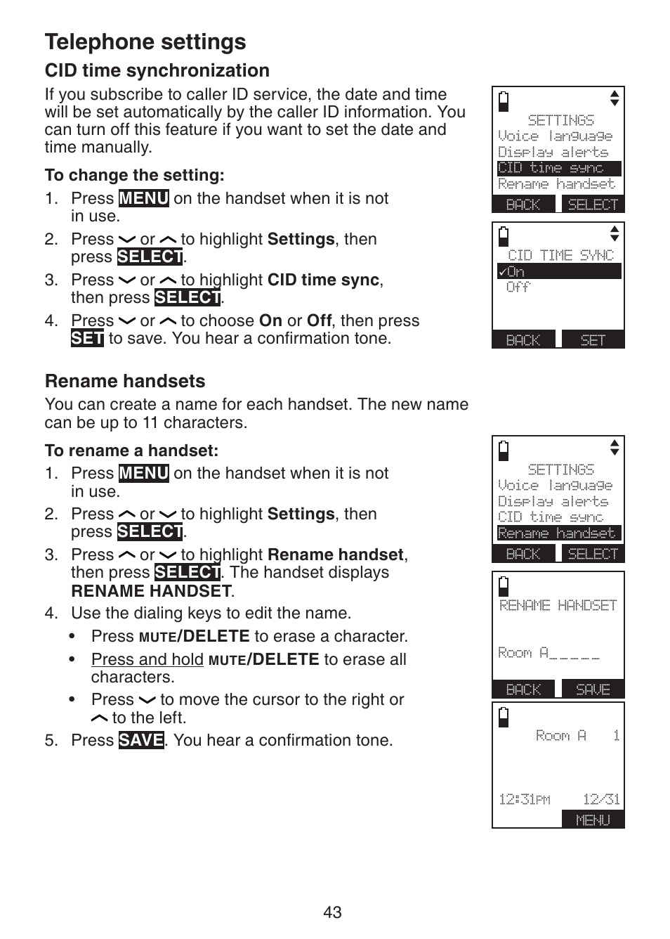Cid time synchronization, Rename handsets, Telephone settings | VTech DS6472-6 Manual User Manual | Page 48 / 137