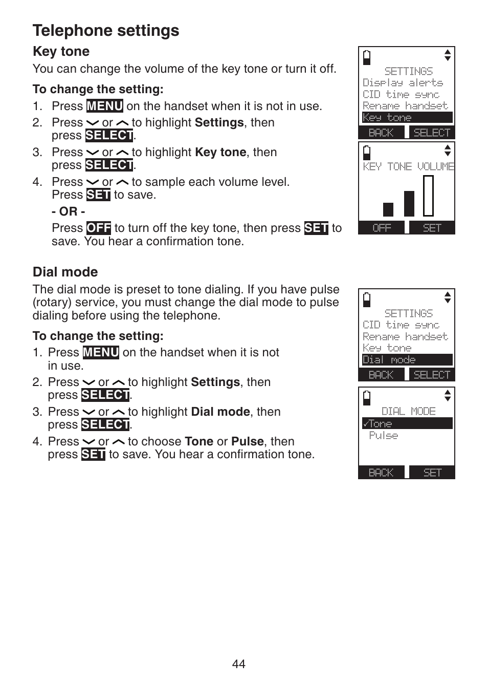 Key tone, Dial mode, Telephone settings | VTech DS6472-6 Manual User Manual | Page 49 / 137