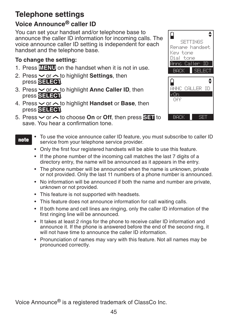 Voice announce caller id, Website, Voice announce | Caller id, Telephone settings | VTech DS6472-6 Manual User Manual | Page 50 / 137