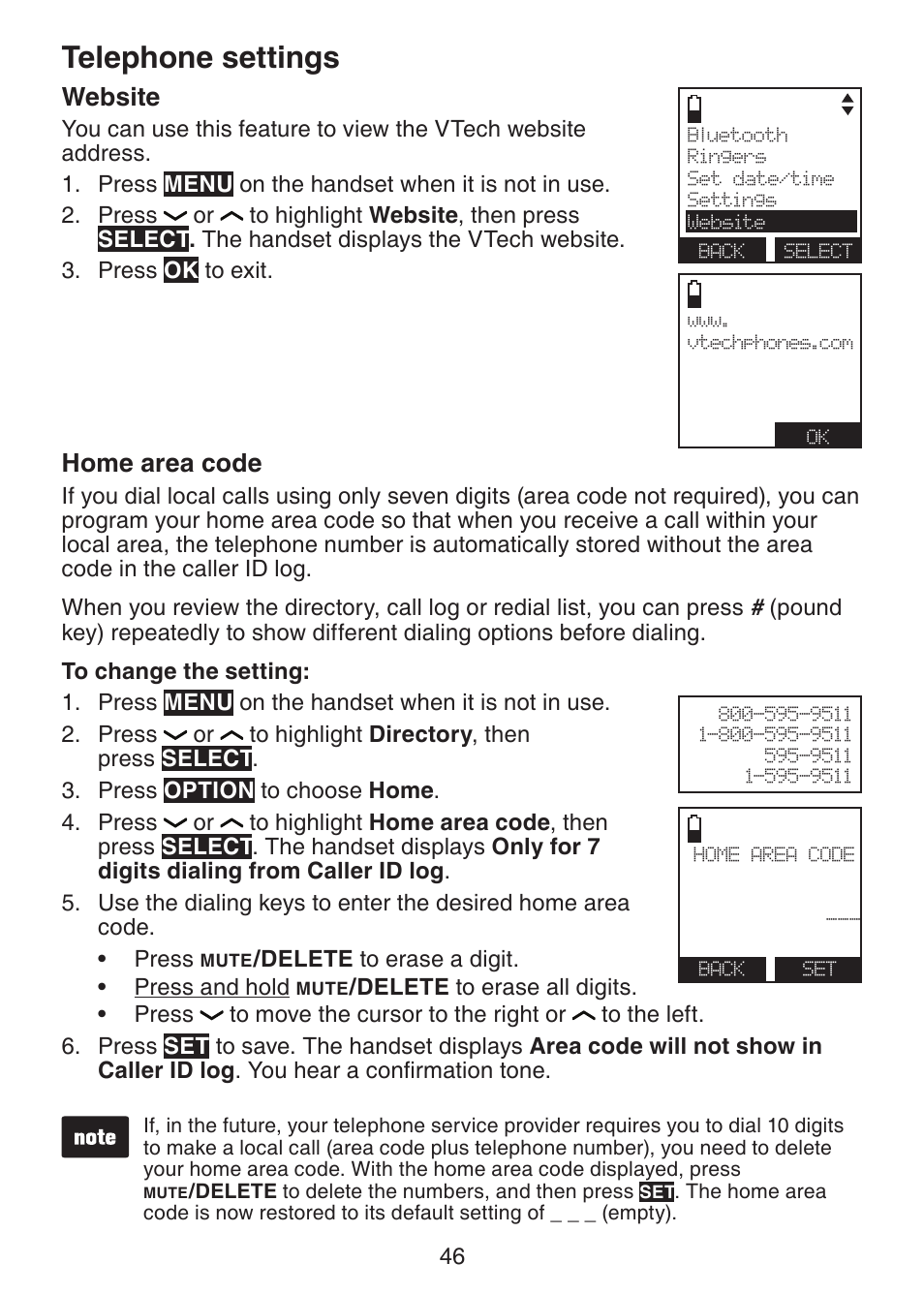 Home area code, Telephone settings, Website | VTech DS6472-6 Manual User Manual | Page 51 / 137