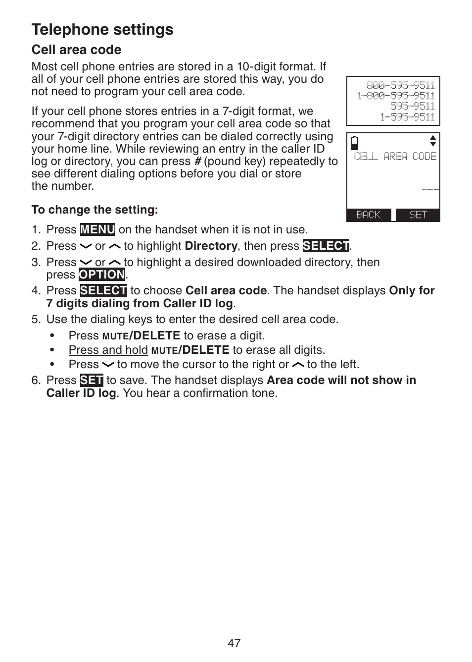 Cell area code, Telephone settings | VTech DS6472-6 Manual User Manual | Page 52 / 137