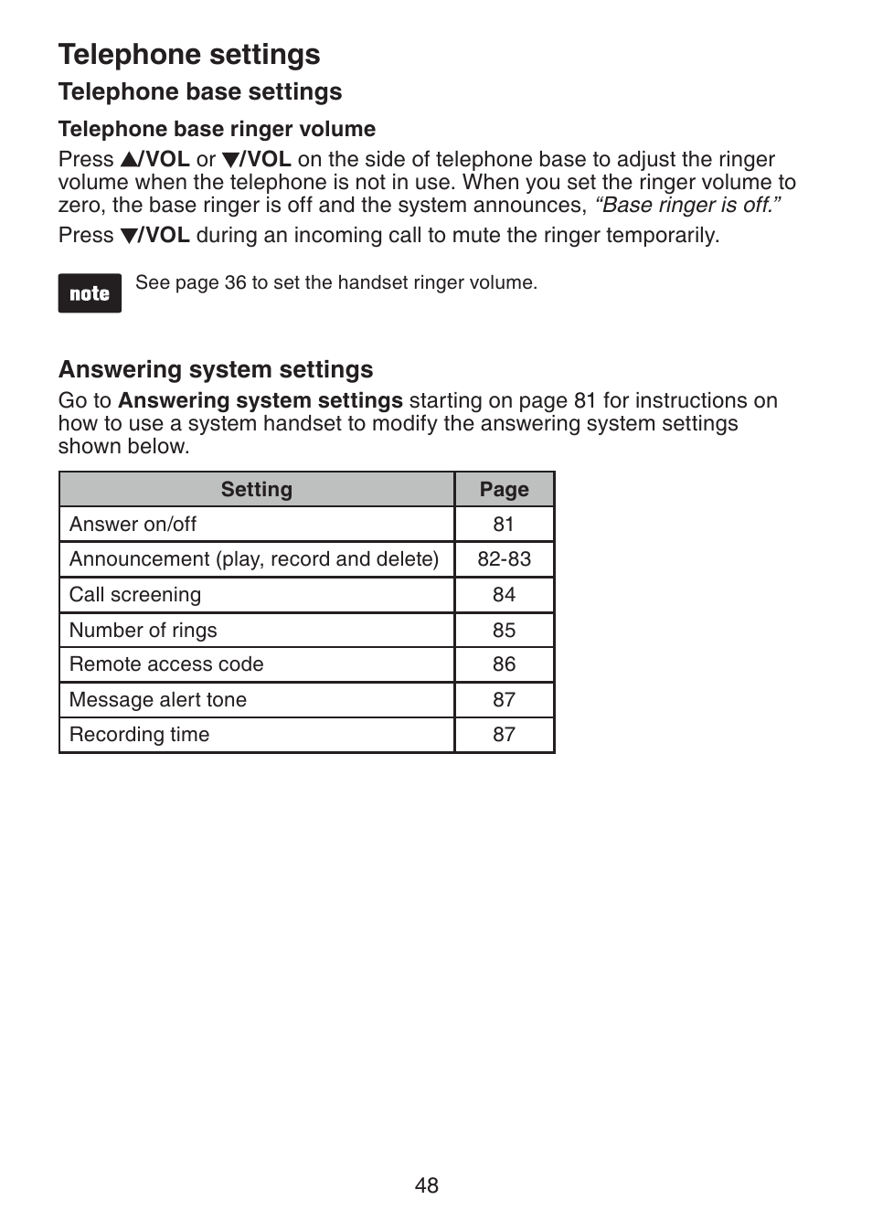 Telephone base settings, Answering system settings, Telephone settings | VTech DS6472-6 Manual User Manual | Page 53 / 137