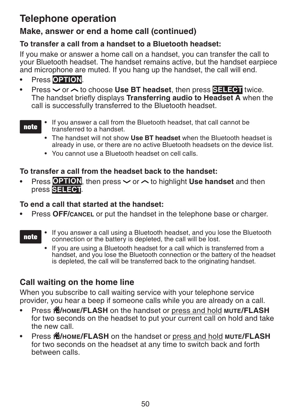 Call waiting on the home line, Telephone operation, Make, answer or end a home call (continued) | VTech DS6472-6 Manual User Manual | Page 55 / 137