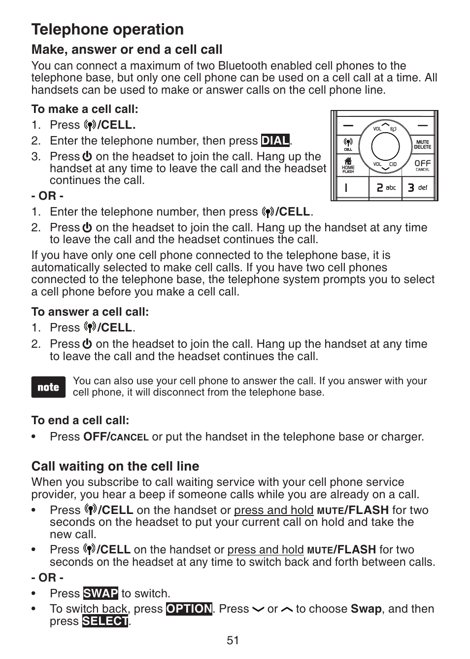 Make, answer or end a cell call, Call waiting on the cell line, Make, answer or end a cell | Call, Telephone operation | VTech DS6472-6 Manual User Manual | Page 56 / 137