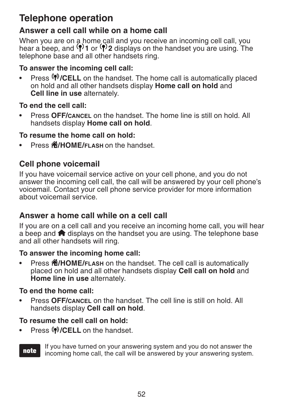 Answer a cell call while on a home call, Cell phone voicemail, Answer a home call while on a cell call | Answer a cell call while on a, Home call, Answer a home call while on a, Cell call, Telephone operation | VTech DS6472-6 Manual User Manual | Page 57 / 137