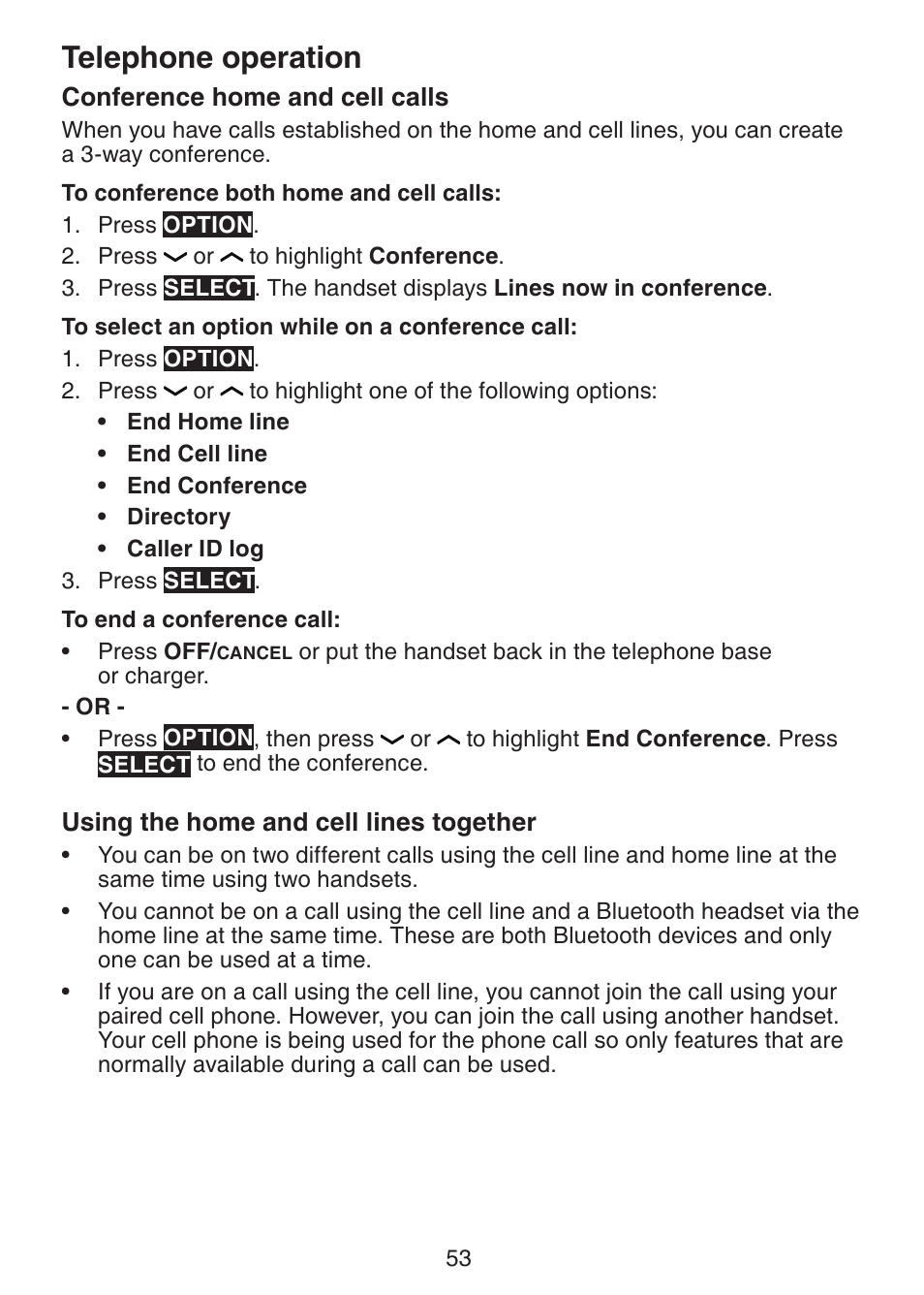 Conference home and cell calls, Using the home and cell lines together, Conference home and cell | Calls, Using the home and cell lines, Together, Telephone operation | VTech DS6472-6 Manual User Manual | Page 58 / 137