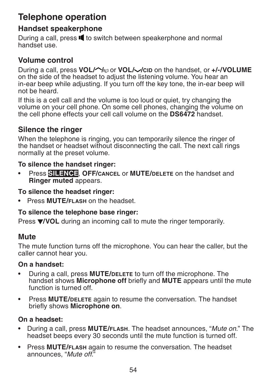 Handset speakerphone, Volume control, Silence the ringer | Mute, Telephone operation | VTech DS6472-6 Manual User Manual | Page 59 / 137