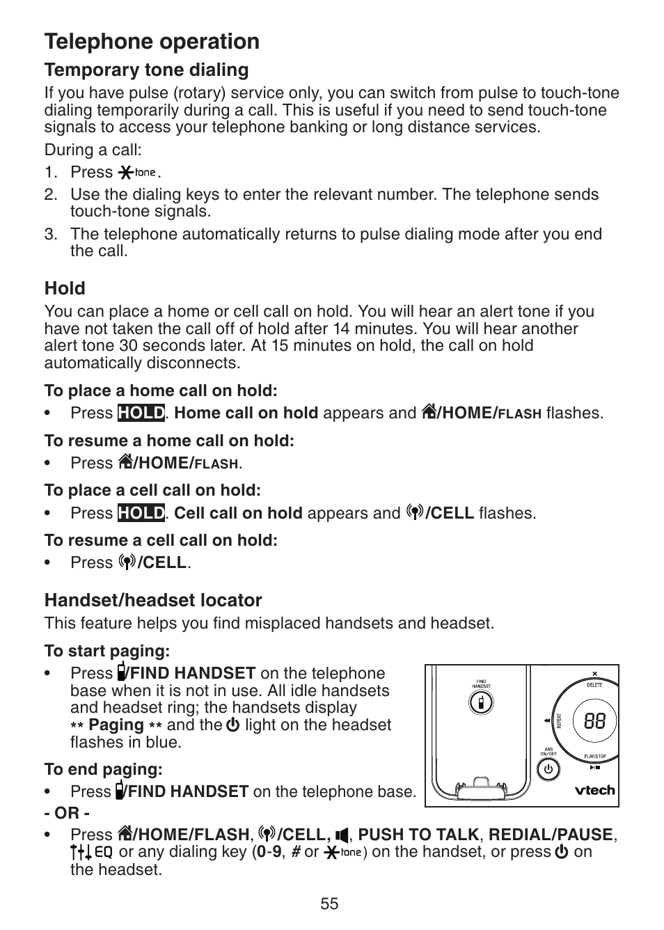 Temporary tone dialing, Hold, Handset/headset locator | Telephone operation | VTech DS6472-6 Manual User Manual | Page 60 / 137