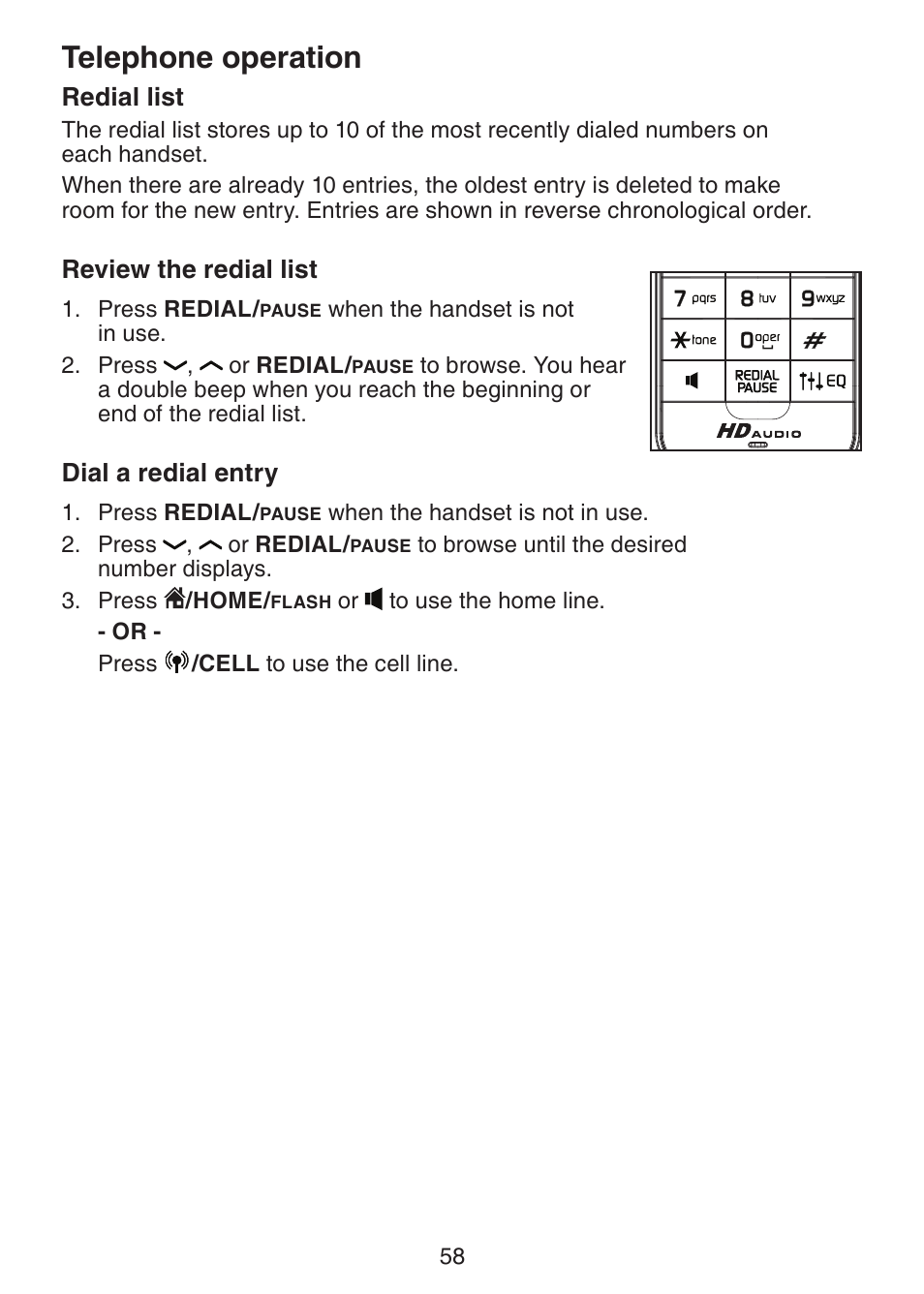 Redial list, Review the redial list, Dial a redial entry | Telephone operation | VTech DS6472-6 Manual User Manual | Page 63 / 137