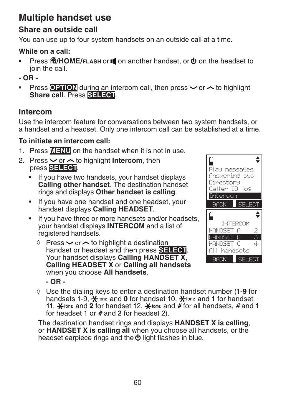 Multiple handset use, Share an outside call, Intercom | Multiple handset use share an outside call | VTech DS6472-6 Manual User Manual | Page 65 / 137