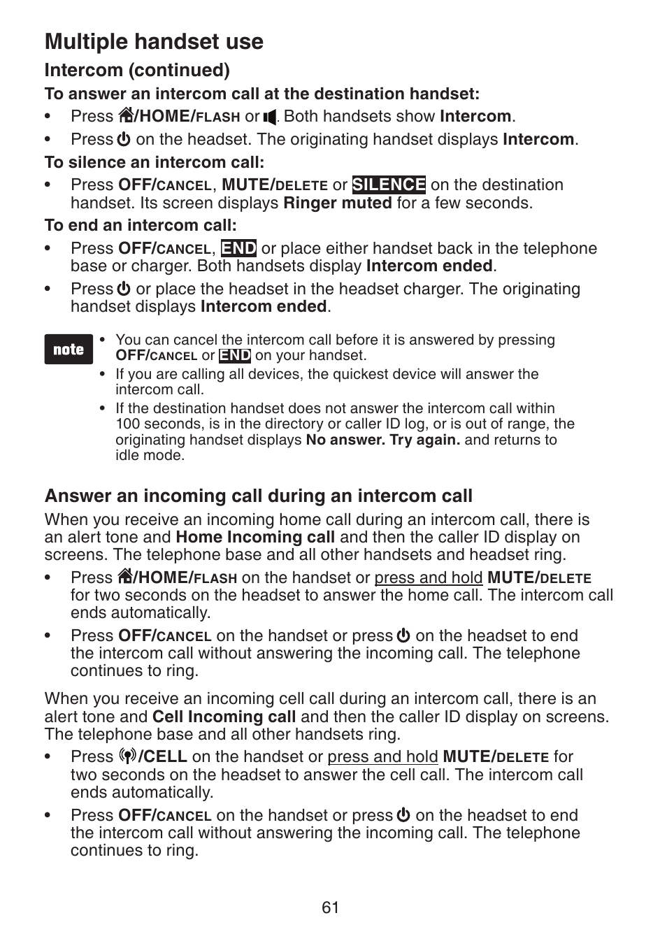 Answer an incoming call during an intercom call, Answer an incoming call during, An intercom call | Multiple handset use, Intercom (continued) | VTech DS6472-6 Manual User Manual | Page 66 / 137