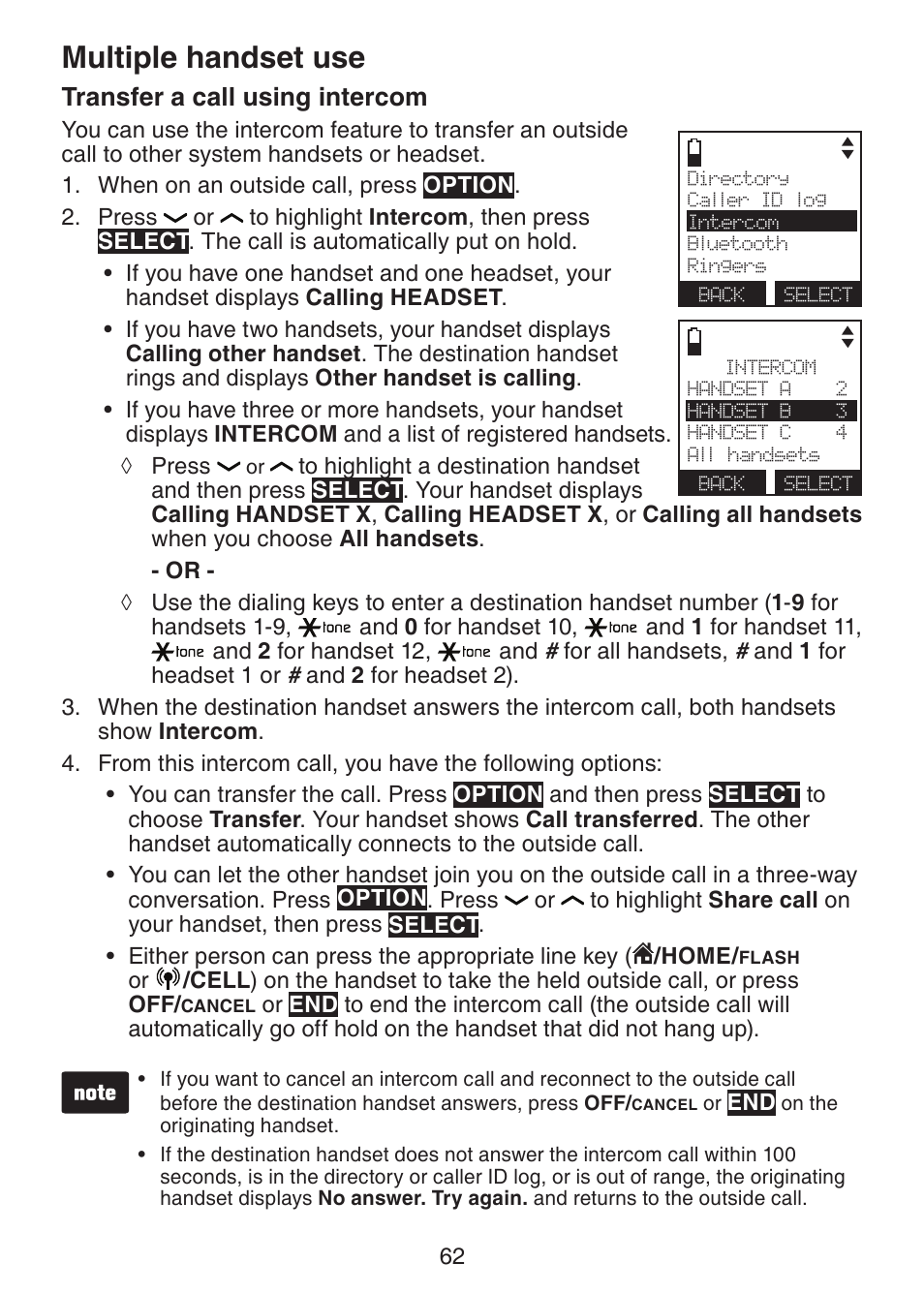 Transfer a call using intercom, Multiple handset use | VTech DS6472-6 Manual User Manual | Page 67 / 137