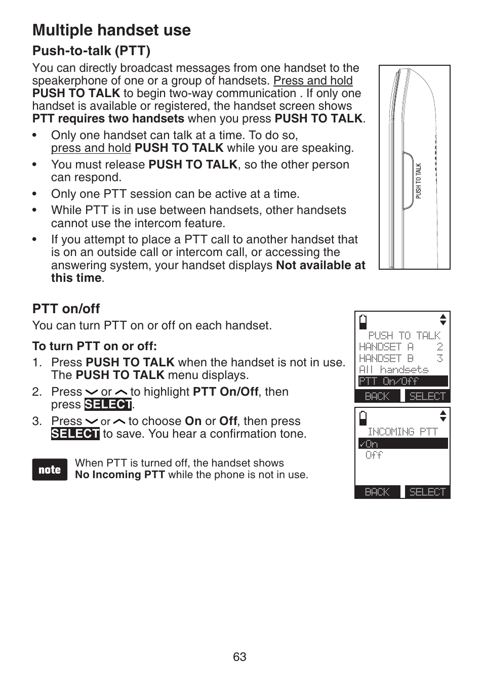 Push-to-talk (ptt), Ptt on/off, Multiple handset use | VTech DS6472-6 Manual User Manual | Page 68 / 137