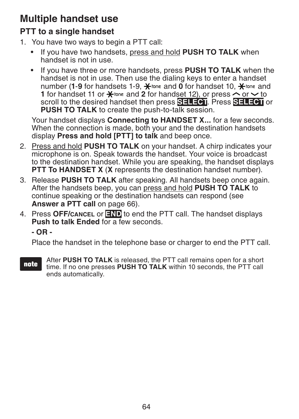 Ptt to a single handset, Multiple handset use | VTech DS6472-6 Manual User Manual | Page 69 / 137