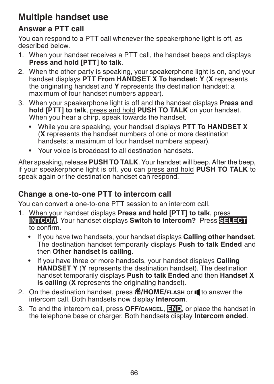 Answer a ptt call, Change a one-to-one ptt to intercom call, Change a one-to-one ptt to | Intercom call, Multiple handset use | VTech DS6472-6 Manual User Manual | Page 71 / 137