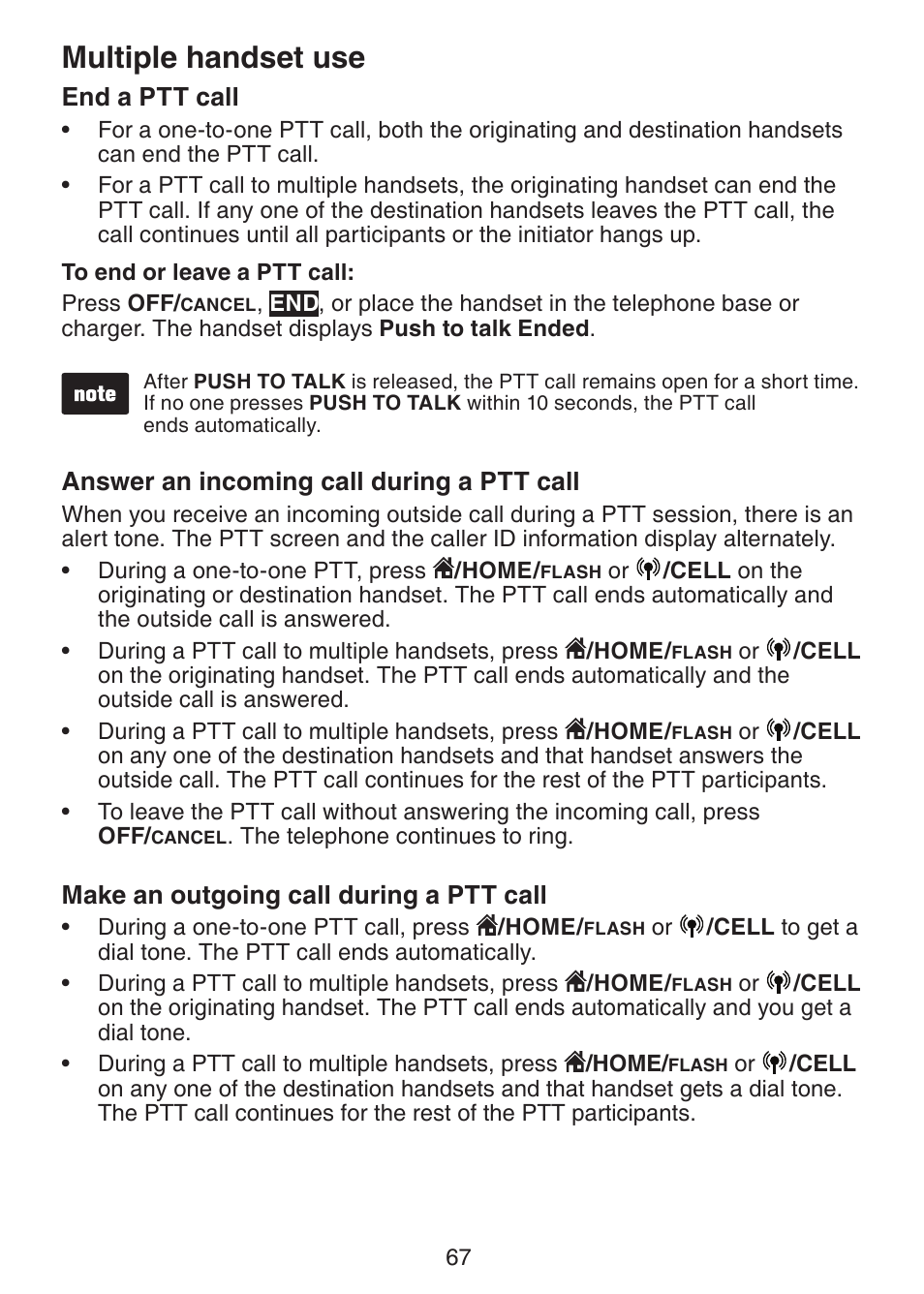 End a ptt call, Answer an incoming call during a ptt call, Make an outgoing call during a ptt call | Answer an incoming call during, A ptt call, Make an outgoing call during a, Ptt call, Multiple handset use | VTech DS6472-6 Manual User Manual | Page 72 / 137