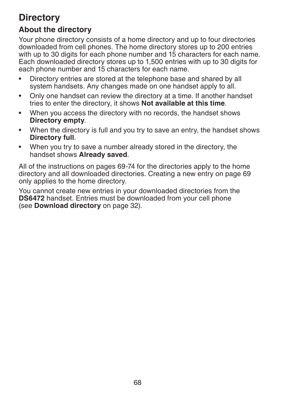 Directory, About the directory, Directory about the directory | VTech DS6472-6 Manual User Manual | Page 73 / 137