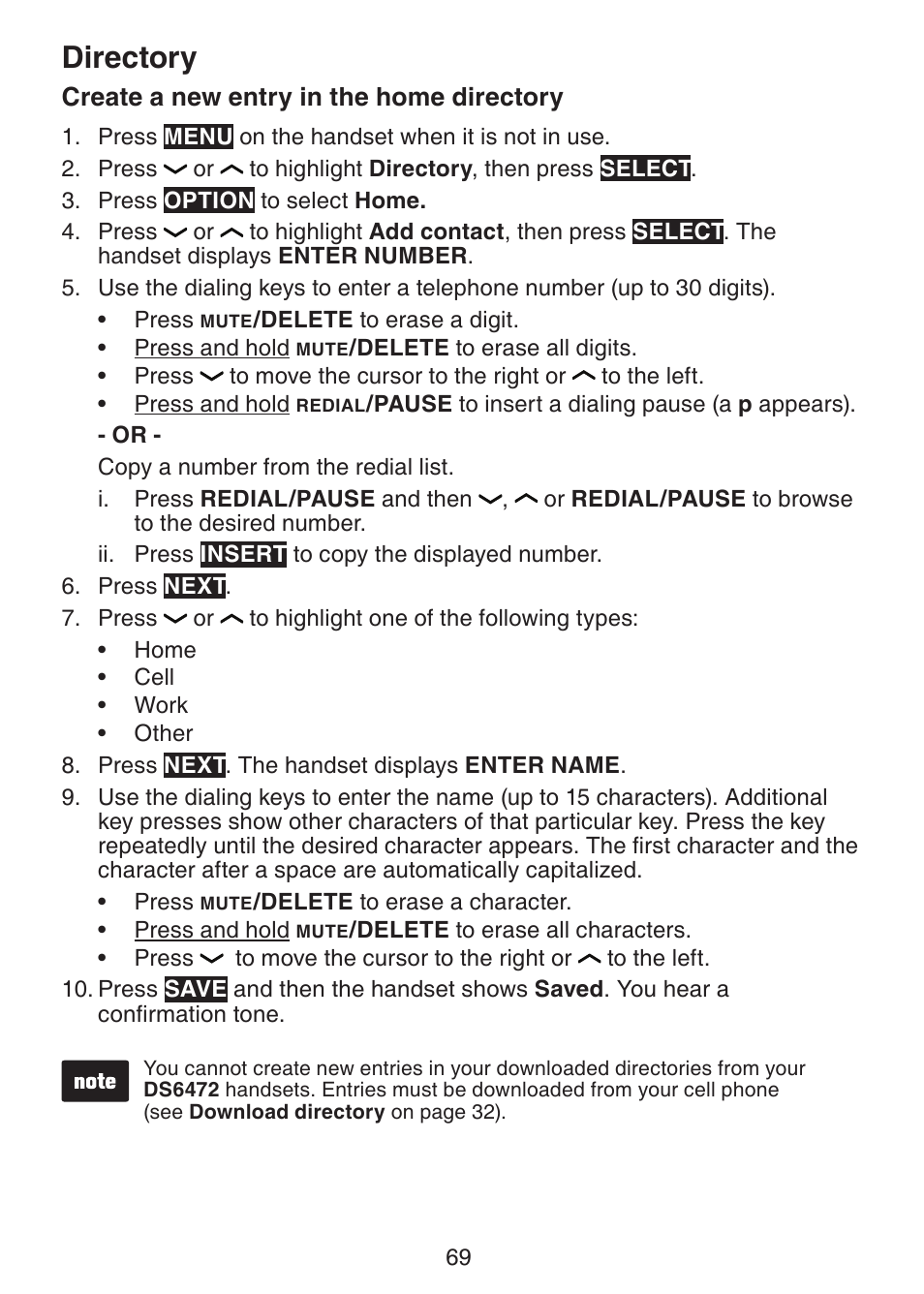 Create a new entry in the home directory, Create a new entry in the home, Directory | VTech DS6472-6 Manual User Manual | Page 74 / 137