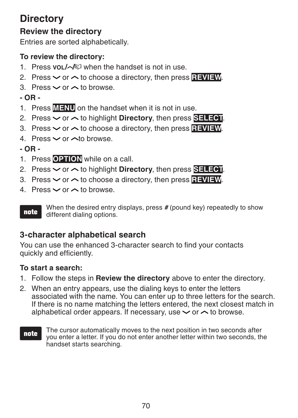 Review the directory, Character alphabetical search, Character alphabetical | Search, Directory | VTech DS6472-6 Manual User Manual | Page 75 / 137