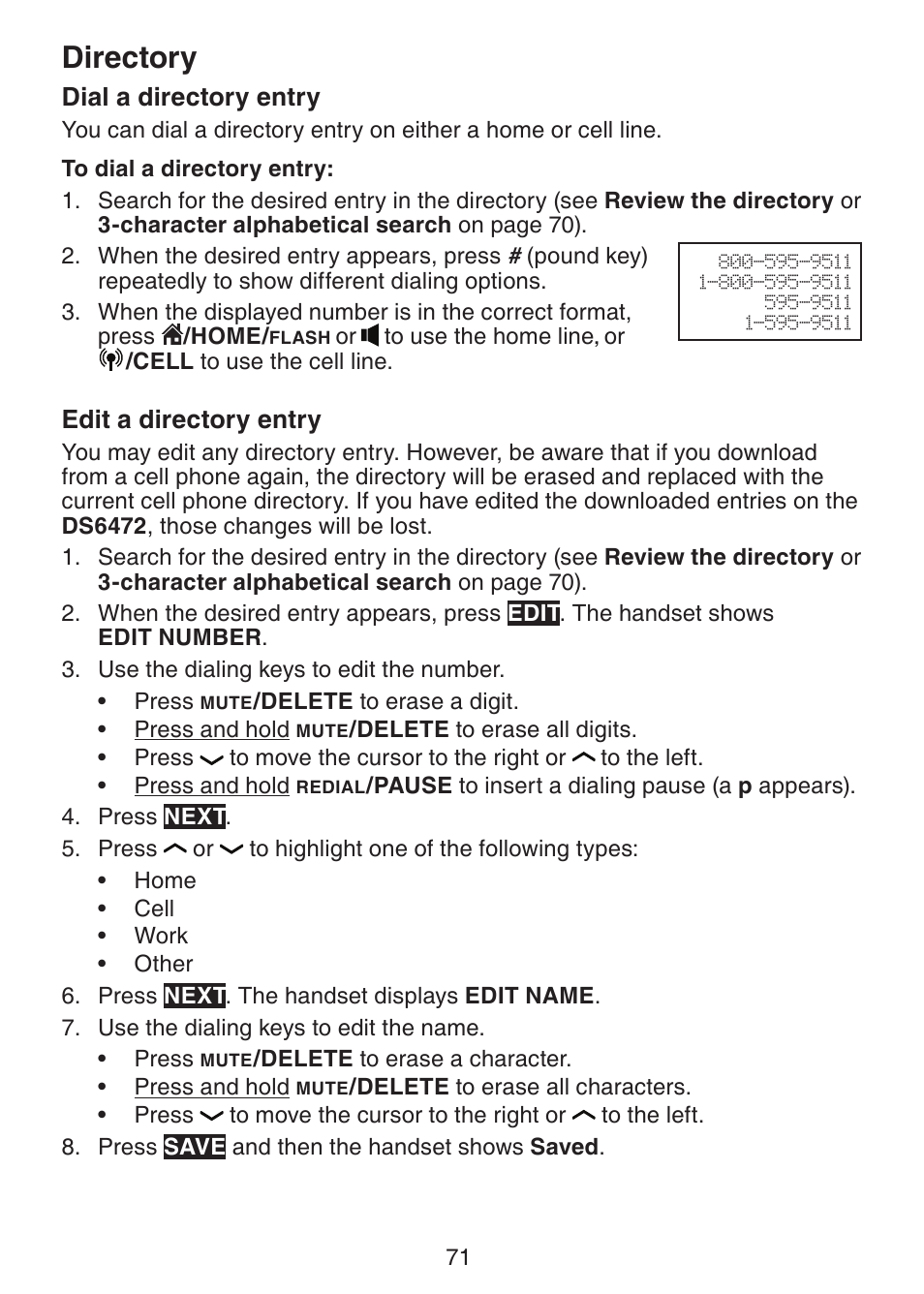 Dial a directory entry, Edit a directory entry, Directory | VTech DS6472-6 Manual User Manual | Page 76 / 137