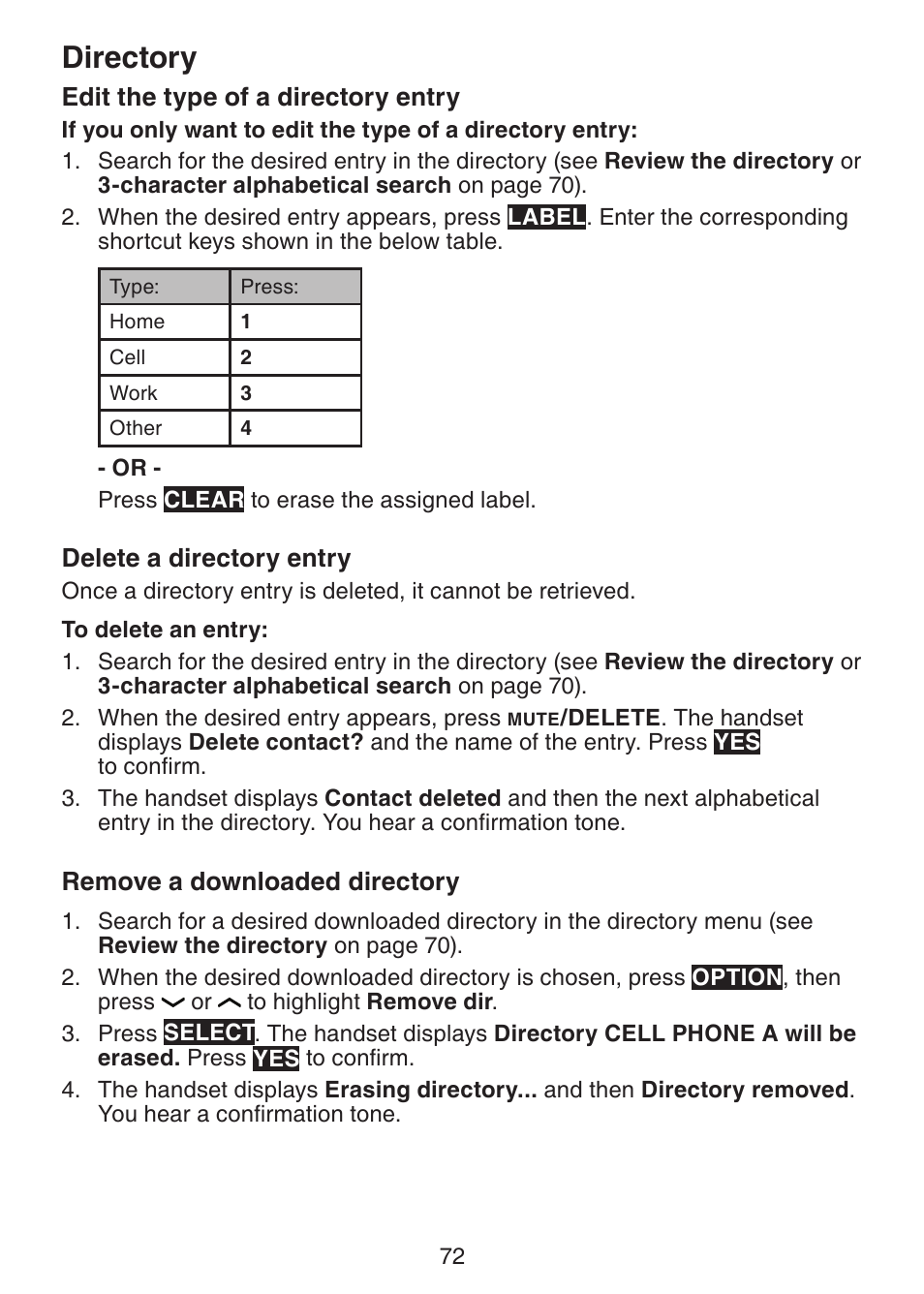 Edit the type of a directory entry, Delete a directory entry, Remove a downloaded directory | Edit the type of a directory, Entry, Remove a downloaded, Directory | VTech DS6472-6 Manual User Manual | Page 77 / 137