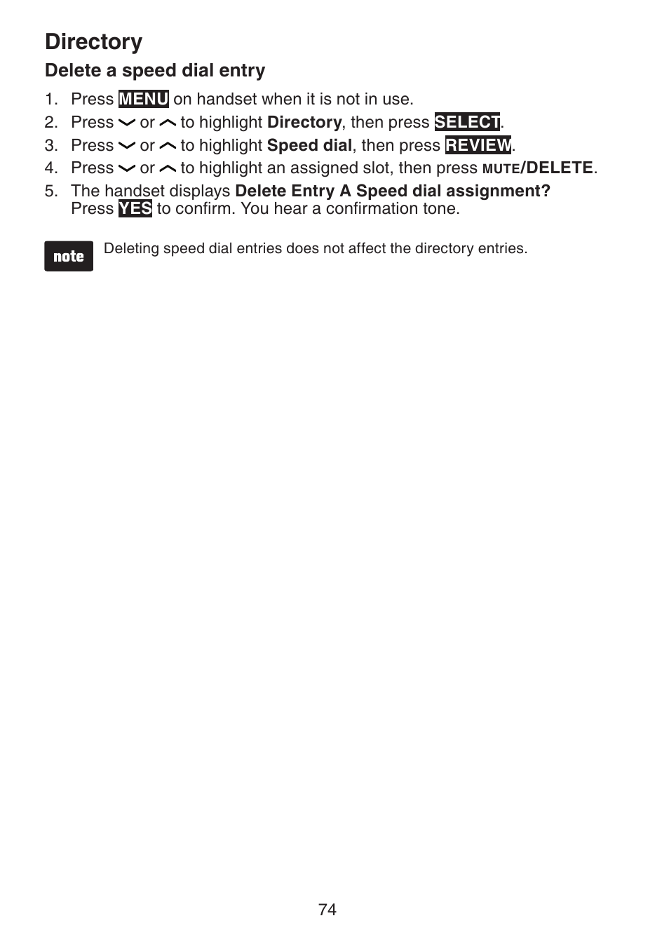 Delete a speed dial entry, Directory | VTech DS6472-6 Manual User Manual | Page 79 / 137