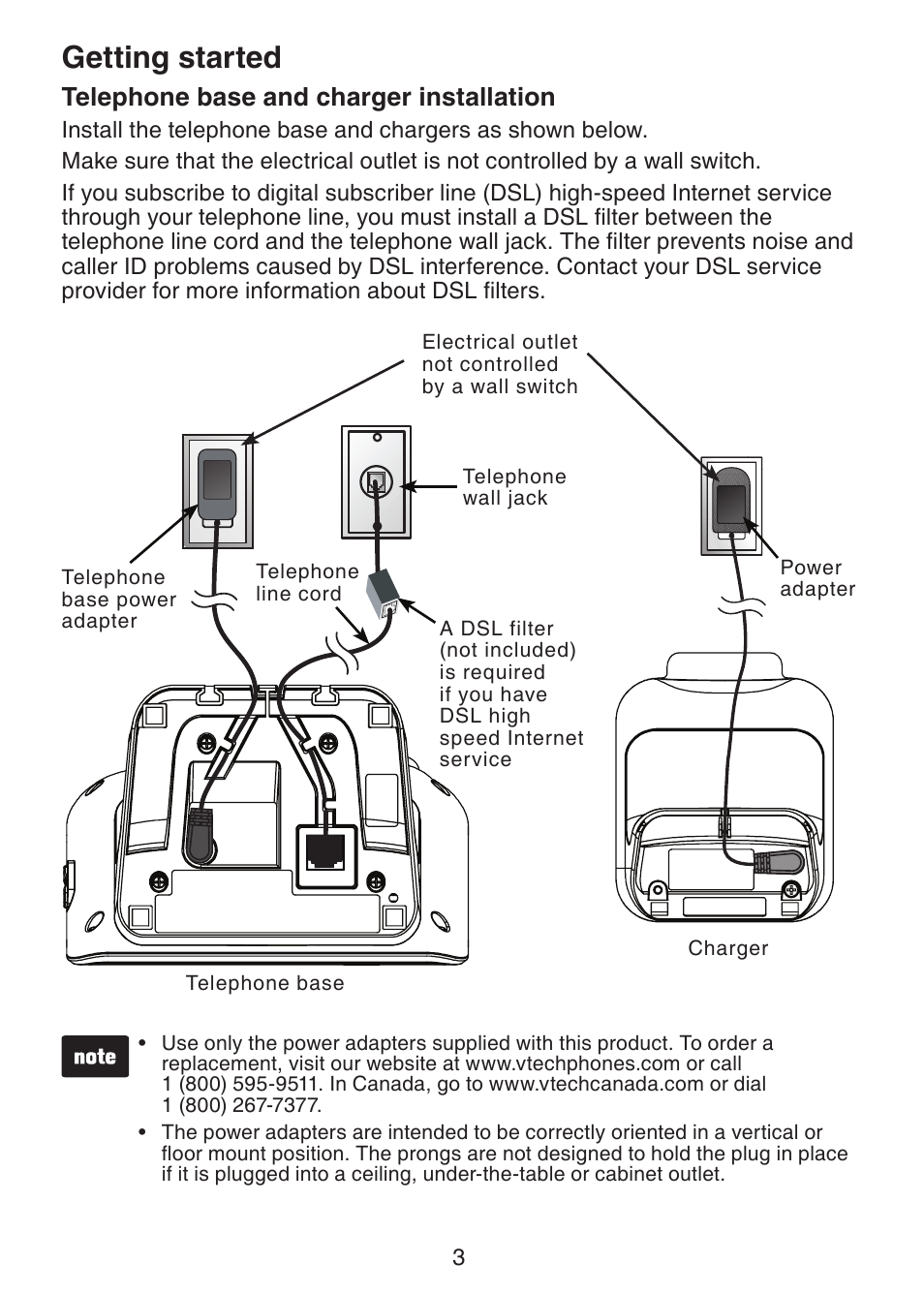 Telephone base and charger installation, Telephone base and charger, Installation | Getting started | VTech DS6472-6 Manual User Manual | Page 8 / 137