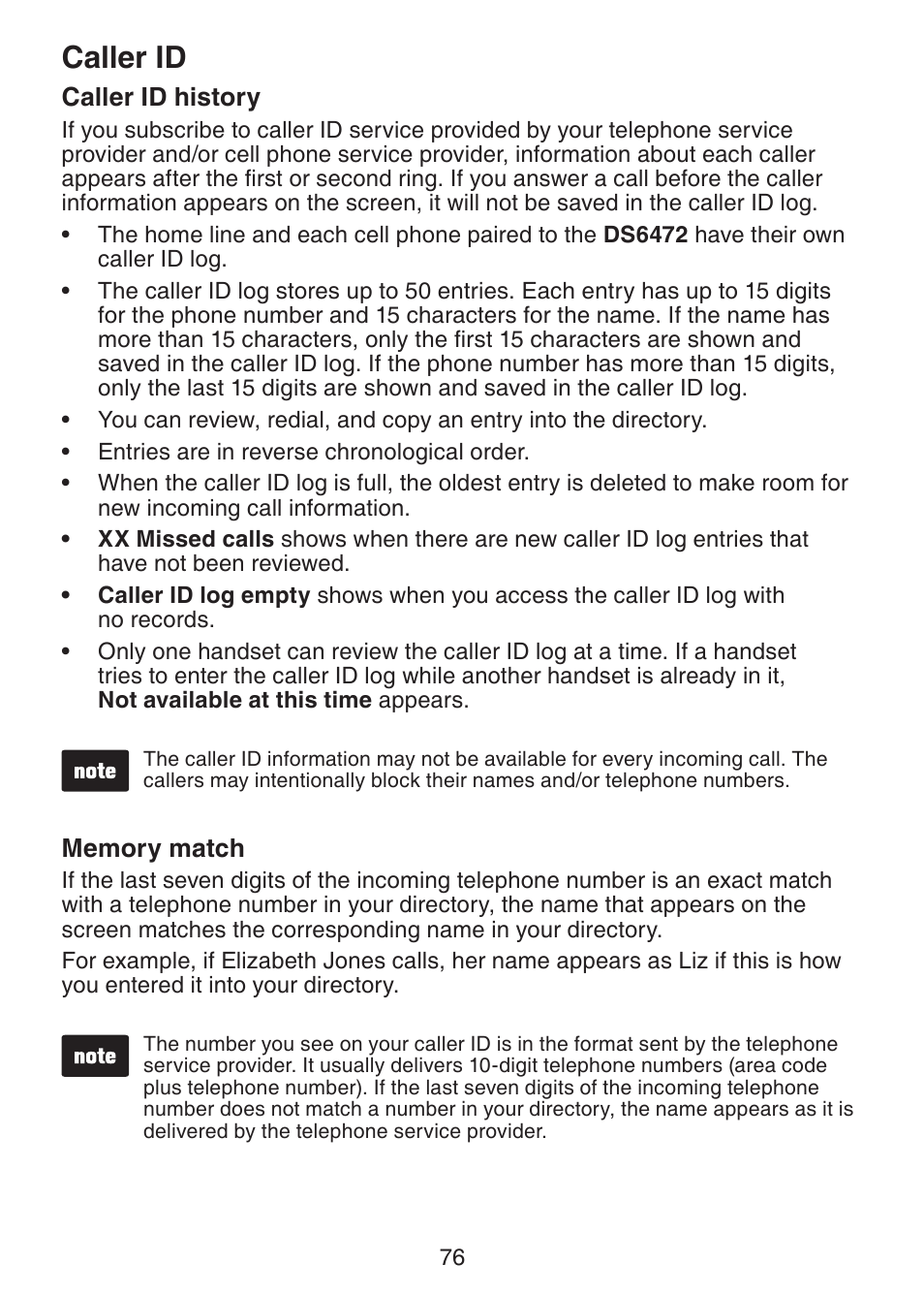 Caller id history, Memory match, Caller id | VTech DS6472-6 Manual User Manual | Page 81 / 137