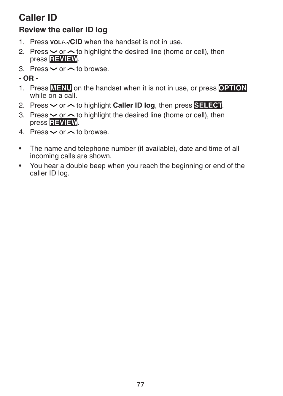 Review the caller id log, Caller id | VTech DS6472-6 Manual User Manual | Page 82 / 137