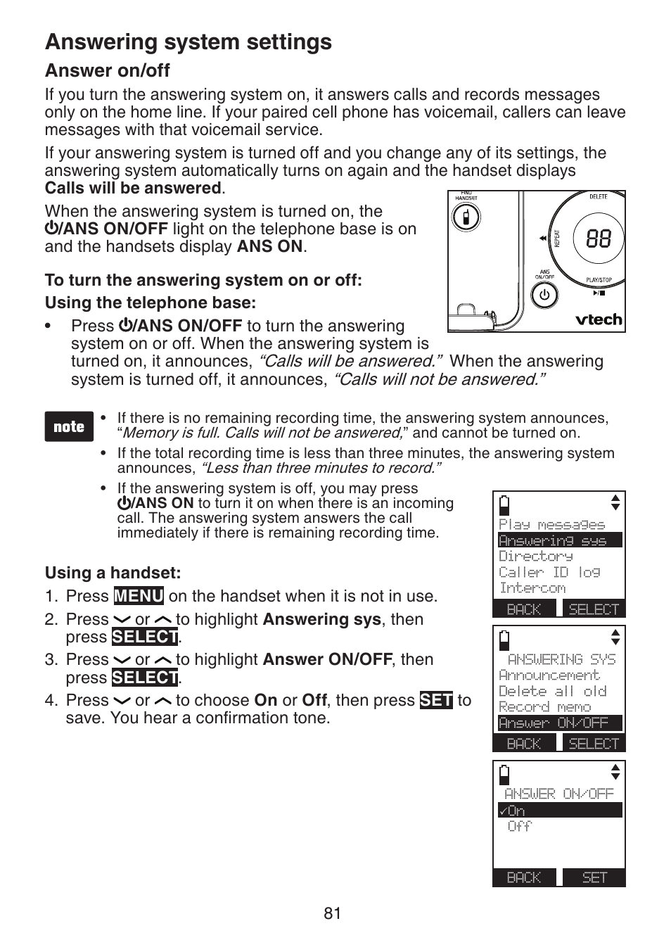 Answering system settings, Answer on/off, Answering system settings answer on/off | VTech DS6472-6 Manual User Manual | Page 86 / 137